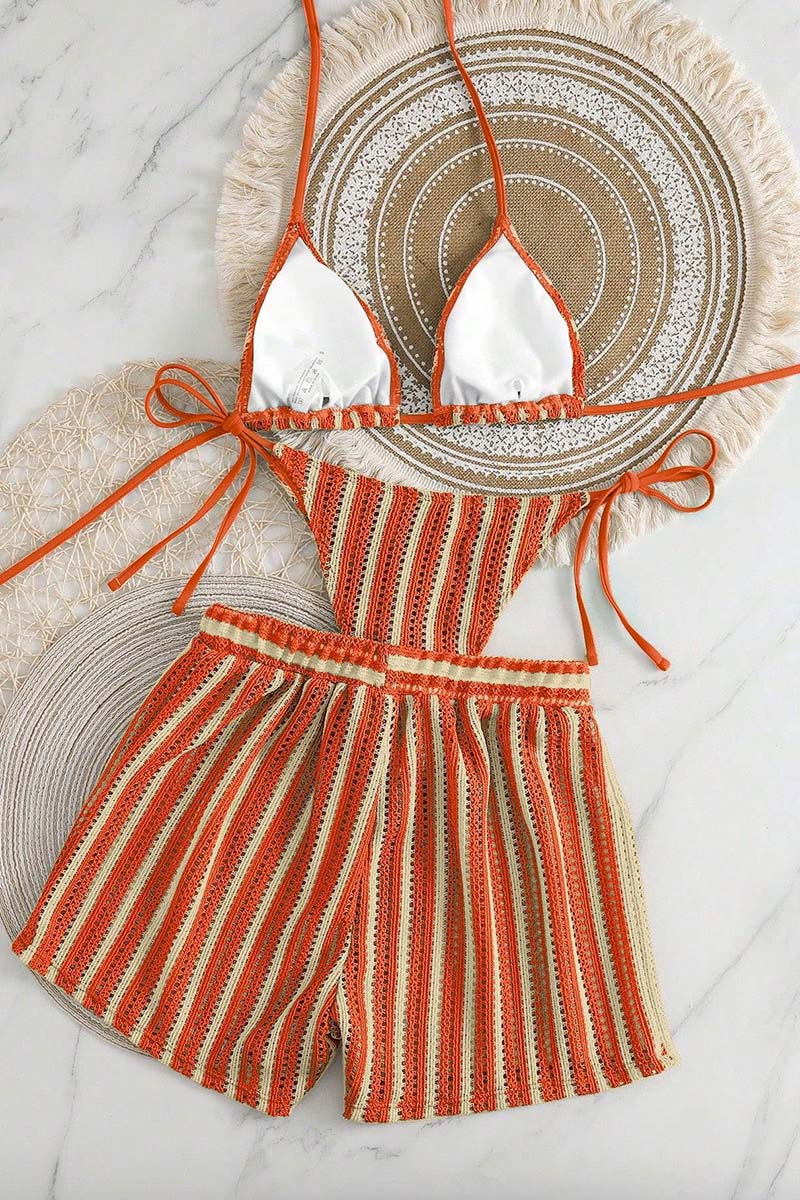 Striped Bikini Set with Stylish Cover-Up