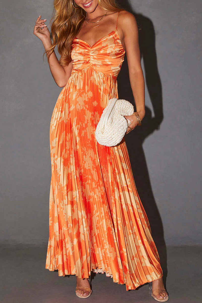 Floral Pleated Spaghetti Strap Maxi Dress