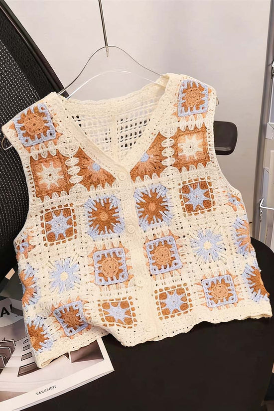 Floral Crochet Button-Up Sweater Vest
