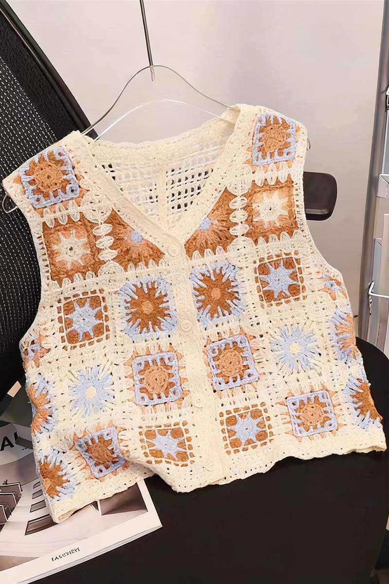 Floral Crochet Button-Up Sweater Vest