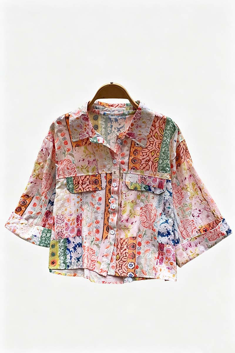 Printed Button-Up Crop Shirt