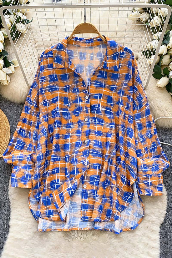 Relaxed Fit Plaid Button-Up Blouse