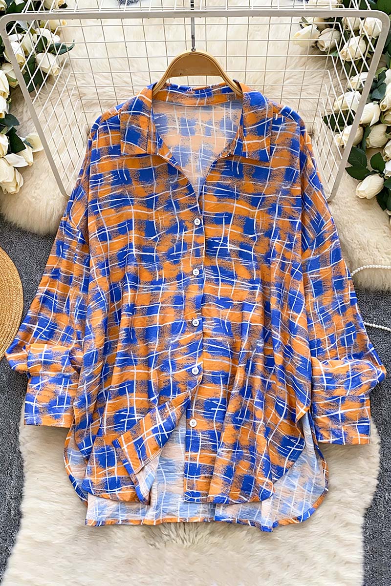 Relaxed Fit Plaid Button-Up Blouse