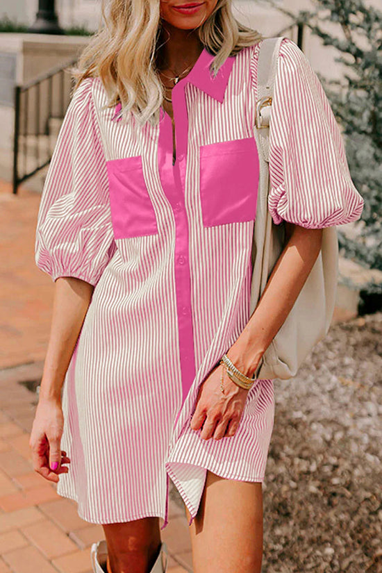 Stripe Button Down Puff Sleeve Mini Dress