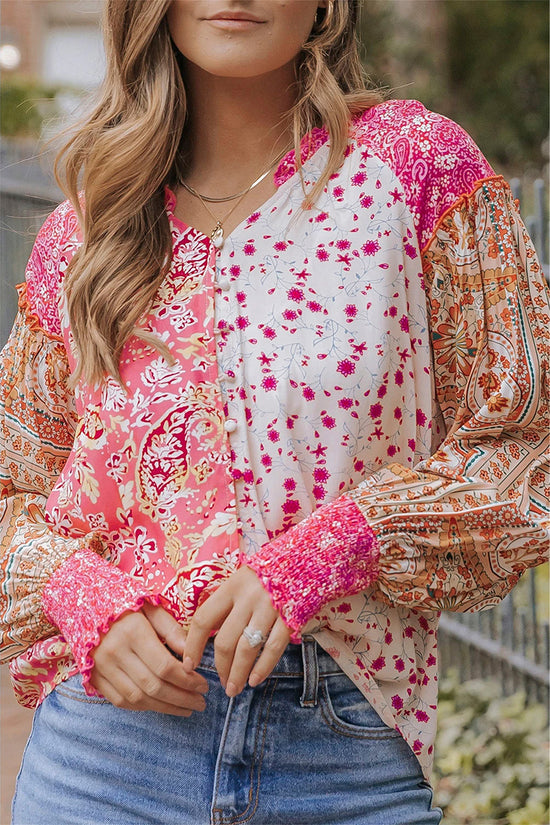 Mixed Floral Puff Sleeve V-Neck Shirt