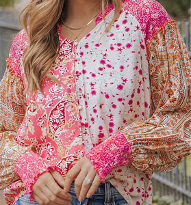 Mixed Floral Puff Sleeve V-Neck Shirt
