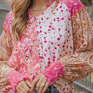 Mixed Floral Puff Sleeve V-Neck Shirt