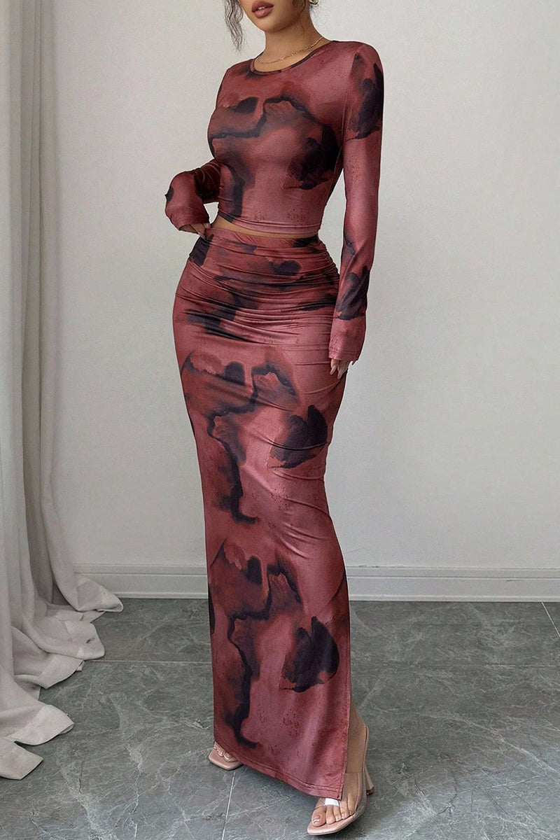 Tie-Dye Long Sleeve Crop Top and Skirt Set