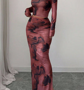 Tie-Dye Long Sleeve Crop Top and Skirt Set