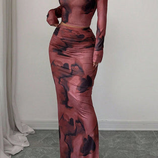 Tie-Dye Long Sleeve Crop Top and Skirt Set