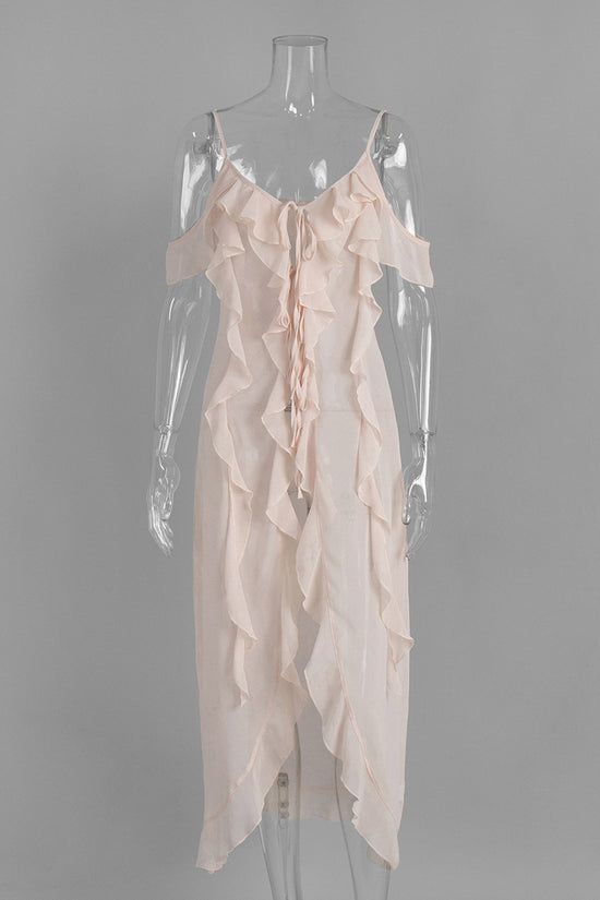 Ruffle Trim Cold Shoulder Midi Dress