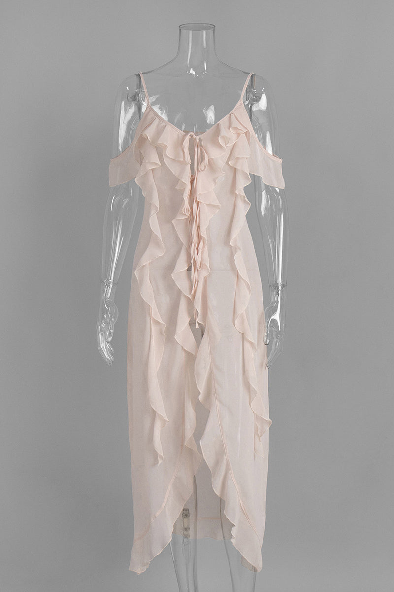 Ruffle Trim Cold Shoulder Midi Dress