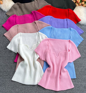 Ribbed Knit Scallop Neck Tee