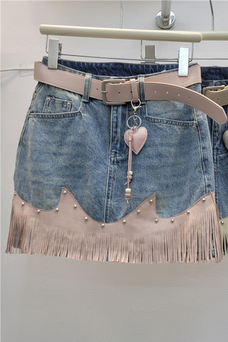 Fringe Hem Denim Skirt with Heart Charm