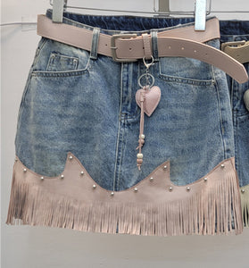 Fringe Hem Denim Skirt with Heart Charm