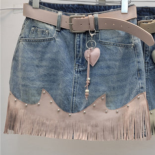 Fringe Hem Denim Skirt with Heart Charm