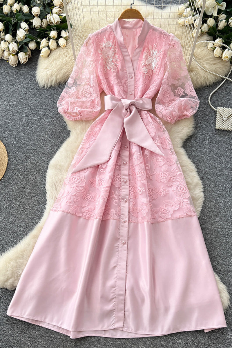 Elegant Lace Belted Midi Dress