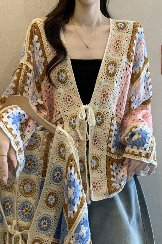 Crochet Hollow Tie Front Knit Cardigan