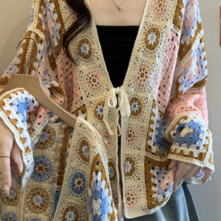 Crochet Hollow Tie Front Knit Cardigan
