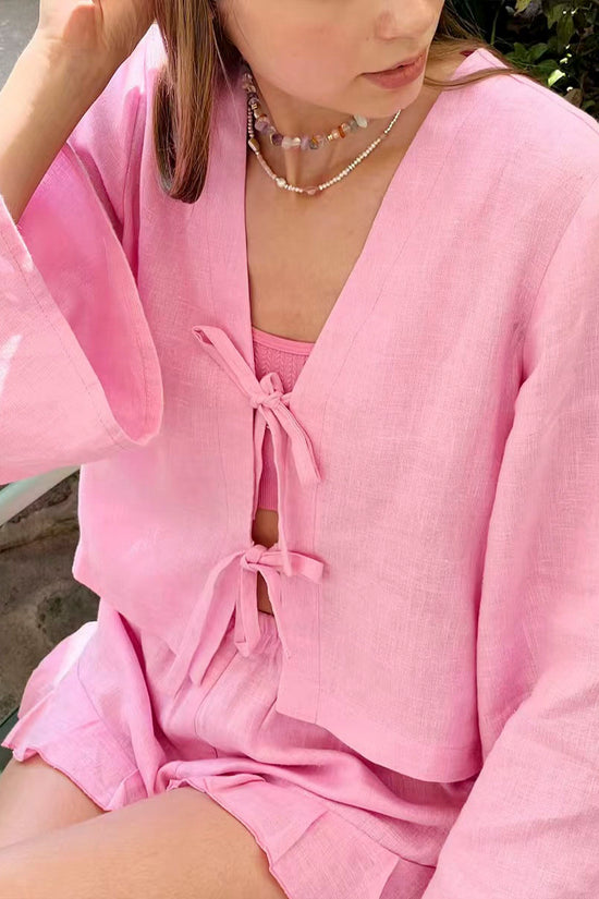 Tie-Front Bell Sleeve Shorts Set