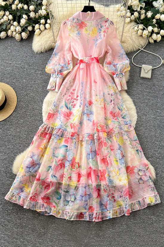 Floral Belted Long Sleeve Casual Dress