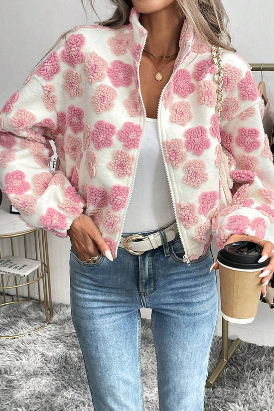 Chic Floral Pattern Zip-Up Jacket