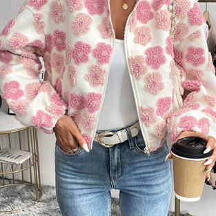 Chic Floral Pattern Zip-Up Jacket