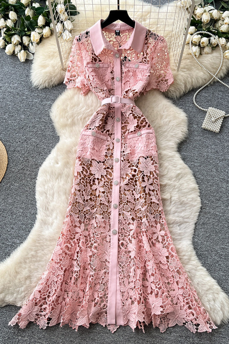 Elegant Lace Button-Down Casual Dress