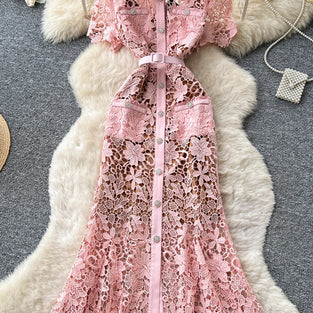 Elegant Lace Button-Down Casual Dress