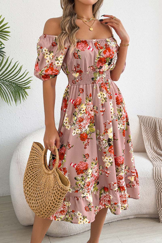 Off-Shoulder Floral Puff Sleeve Dress