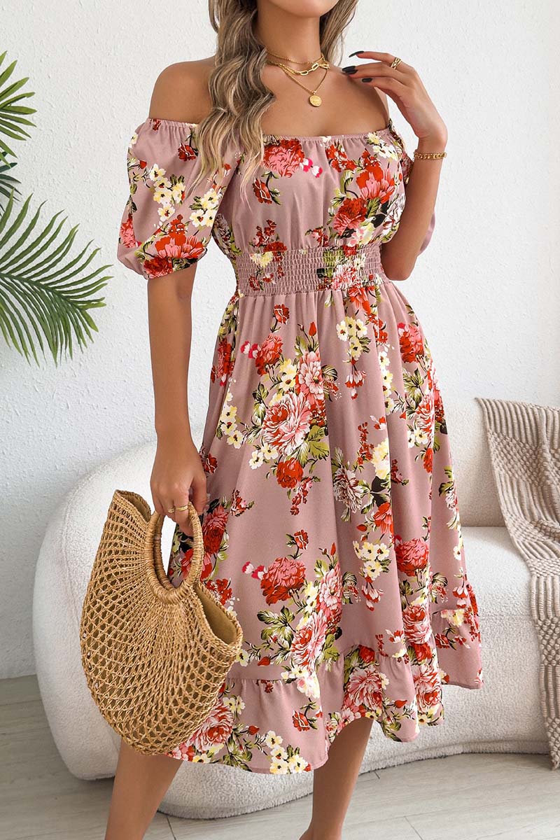 Off-Shoulder Floral Puff Sleeve Dress