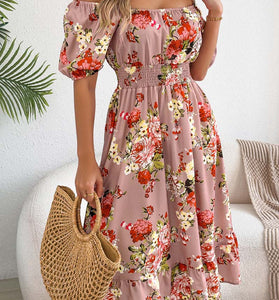 Off-Shoulder Floral Puff Sleeve Dress