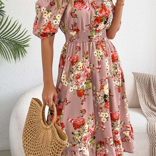 Off-Shoulder Floral Puff Sleeve Dress