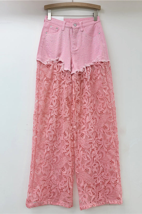 Lace Overlay Denim Casual Pants