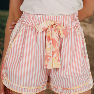 Floral Trim Ribbon Knot Striped Casual Shorts