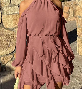 Ruffled Cold Shoulder Casual Dress