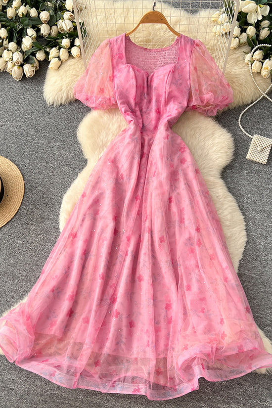 Elegant Floral Puff Sleeve Casual Dress