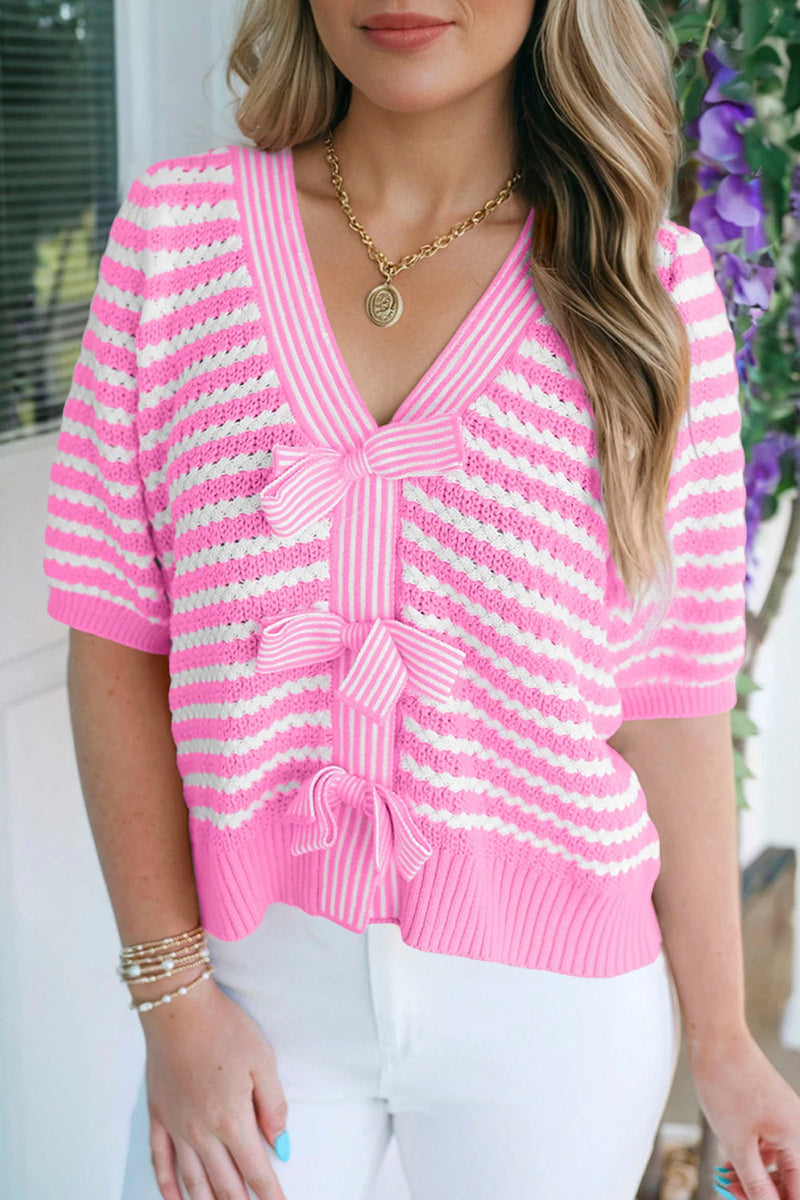 Striped Bow Detail Short Sleeve Top