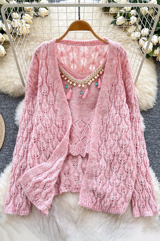 Hollow Knit Cardigan and Cami Set