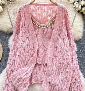 Hollow Knit Cardigan and Cami Set