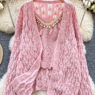 Hollow Knit Cardigan and Cami Set