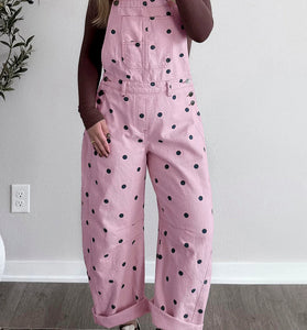 Polka Dot Denim Barrel Overalls Jumpsuit