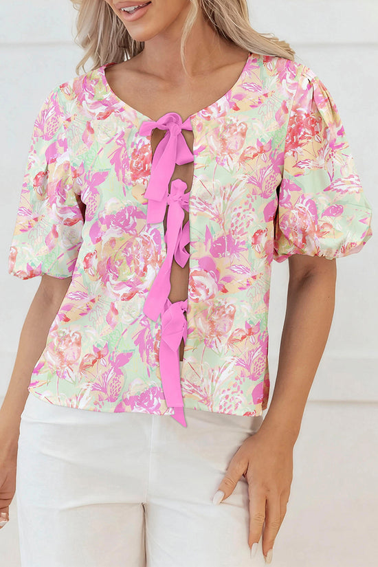 Ribbon Knot Front Floral Puff Sleeve Top