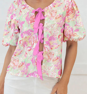 Ribbon Knot Front Floral Puff Sleeve Top