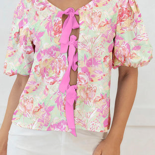Ribbon Knot Front Floral Puff Sleeve Top