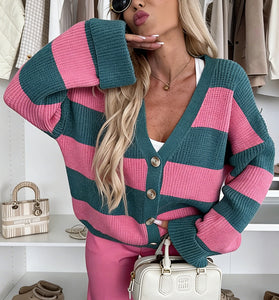 Striped Oversized V-Neck Cardigan