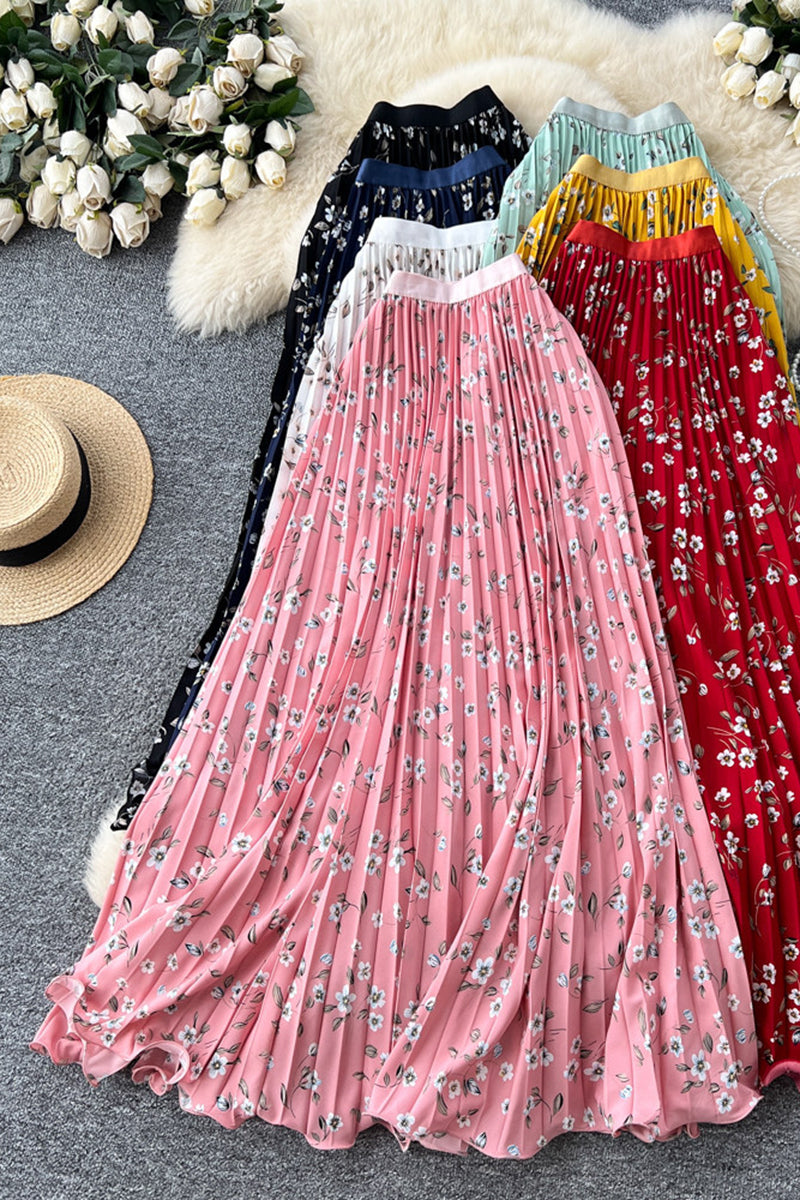Floral Print Pleated Midi Skirt