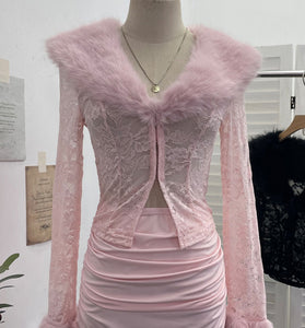 Elegant Fur Collar Lace Skirt Set