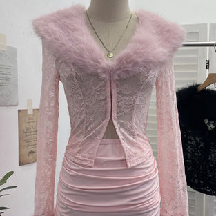 Elegant Fur Collar Lace Skirt Set