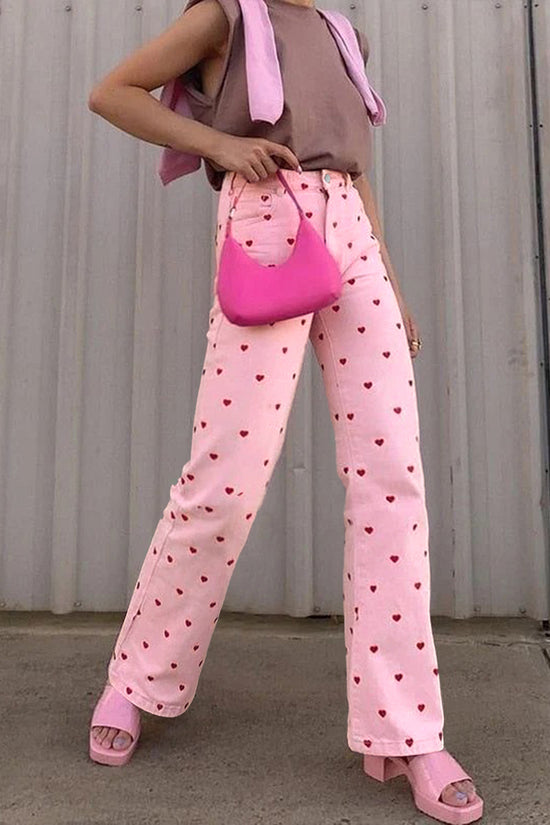 Heart Pattern Straight Jeans